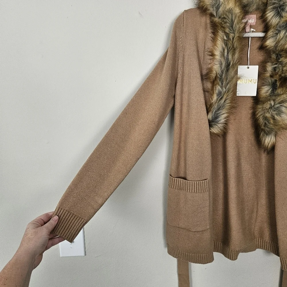 NWT Show Me Your MuMu cabin cardigan sweater with faux fur Trim Belt Size S
